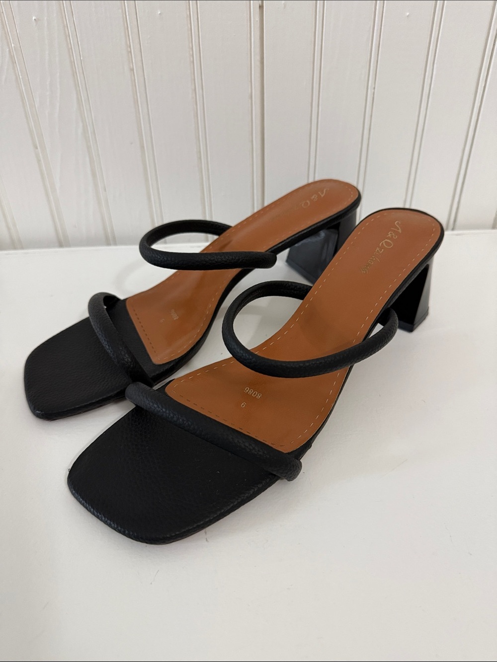 Black Double-Strap Square-Toe Block Heel Slides Sz 40 / 8.5